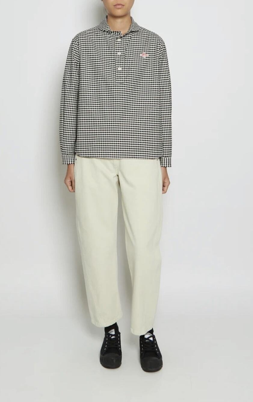 Danton Round Collar Pull Over Cotton Twill Shirt — Black x Ecru Gingham - 38